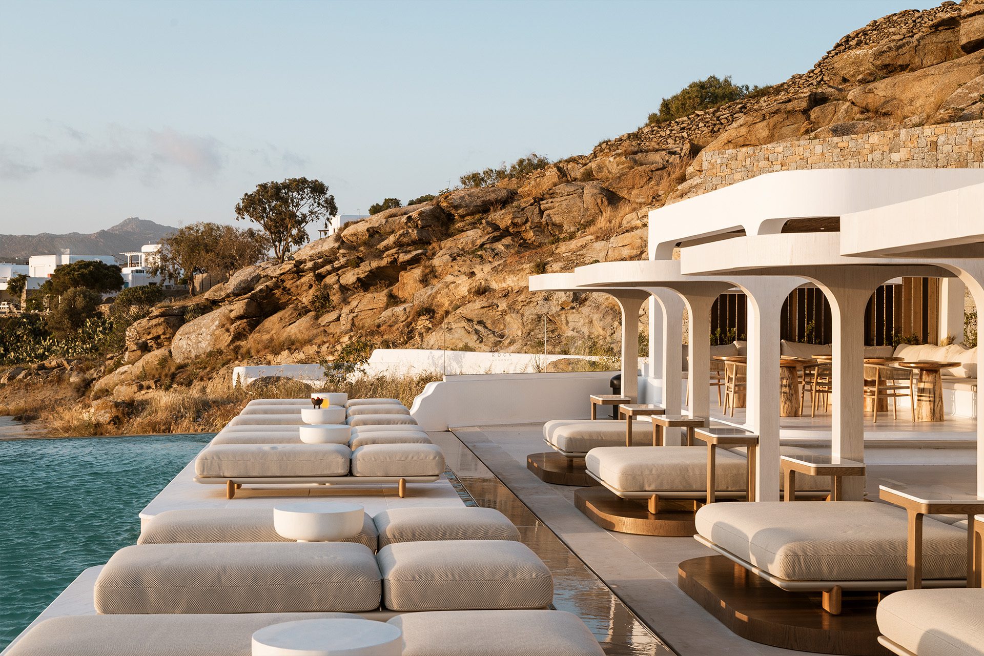 Vondom's Milos sun loungers and daybeds at Lovia Mykonos hotel.